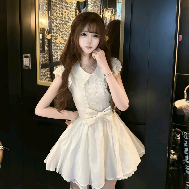 First Love Sweet College Style Doll Collar Flutter Sleeve Dress, Summer Cute Petite Waist-Cinching Pure White Dress