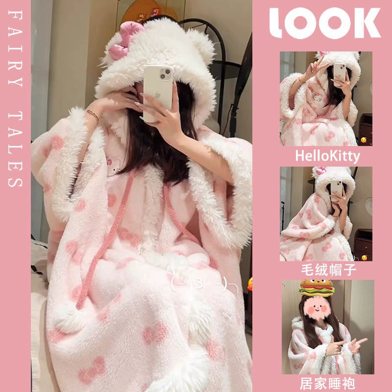 Hello Kitty, hello kitty, коралловый бархатный халат, полутеплая пижама, термобелье, милое пальто