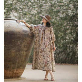 亚麻雨露麻田园印花插肩袖文艺休闲显瘦仙气连衣裙