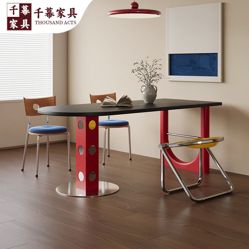 Qianmu Second-Hand Bauhaus Solid Wood Dining Table and Chairs Set Memphis Color Matching Semi-Circular Table Small Apartment Negotiation Dining Table