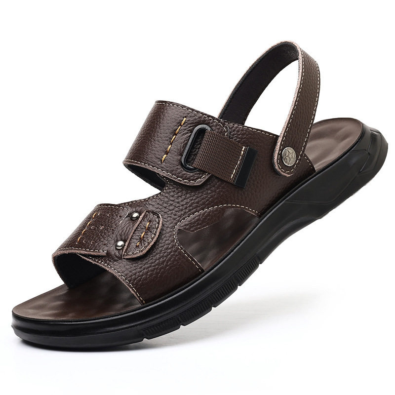 Dép sandal nam da bò lớp đầu đế dày kiểu hở ngón đi biển — Màu nâu, màu đen