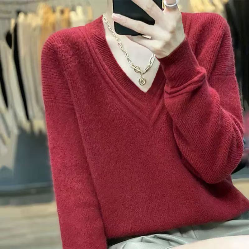 2025 otoño y invierno nuevo suéter de punto de cuello V suelto y perezoso para mujeres de color sólido con camiseta de fondo grande de aire extranjero gruesa