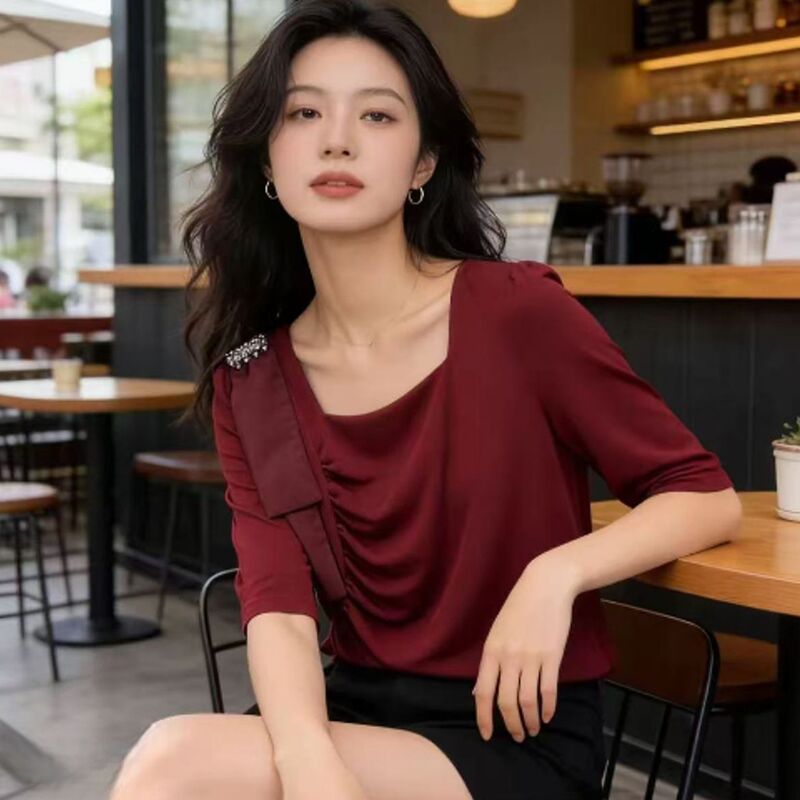 S822 Summer new fashion age-reducing loose slimming versatile square-neck five-quarter sleeve top JR S822 Summer new fashion age-reducing loose slimming versatile square-neck five-quarter sleeve top JR