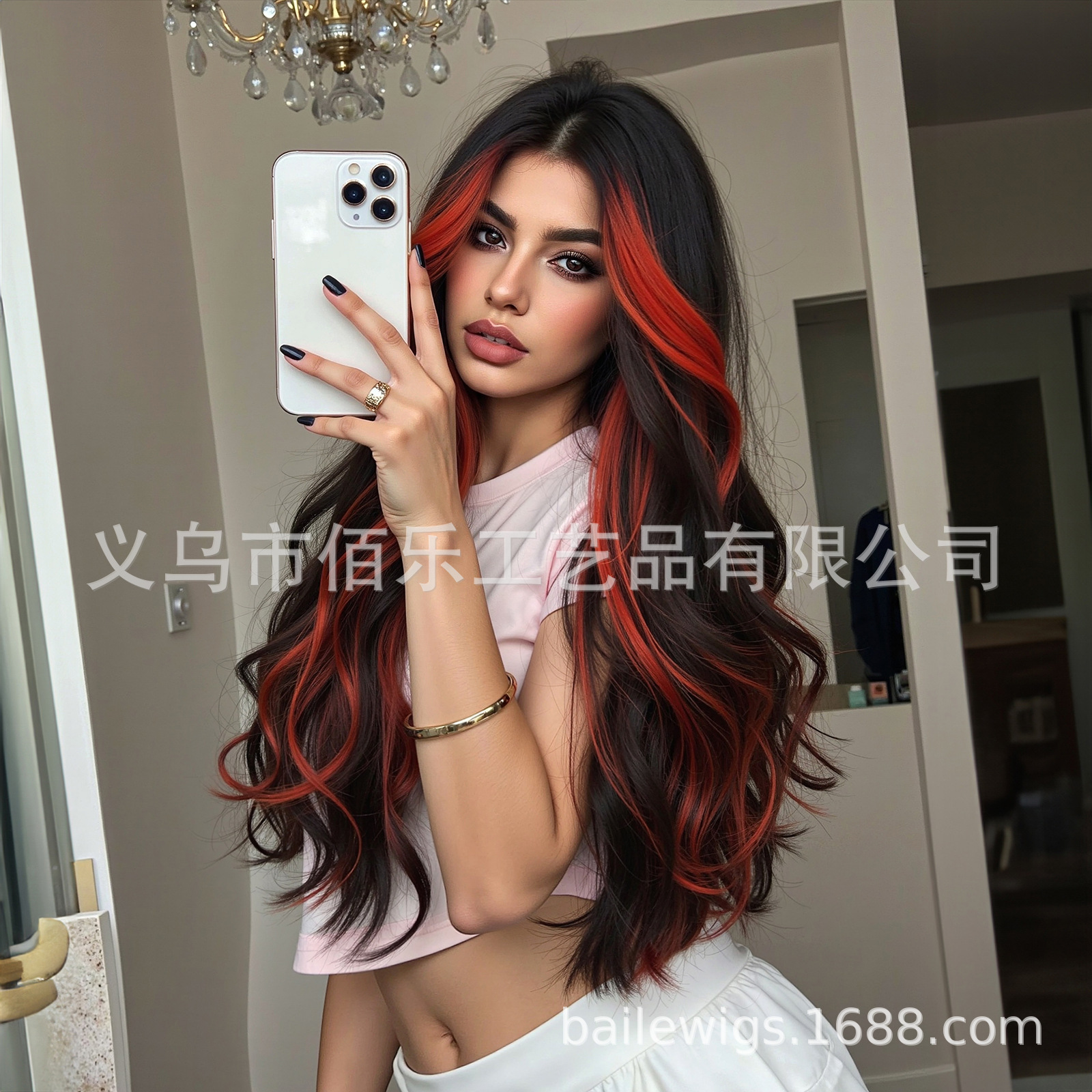 Rojo negro teñido pelucca de cabello largo rizado cabello completo de fibra química para mujeres de vacaciones cabello europeo y americano al por mayor spot
