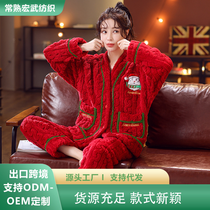 Christmas pajamas wholesale cross-border new V-neck fleece-lined thickened flannel pajamas winter girls' homewear suit
