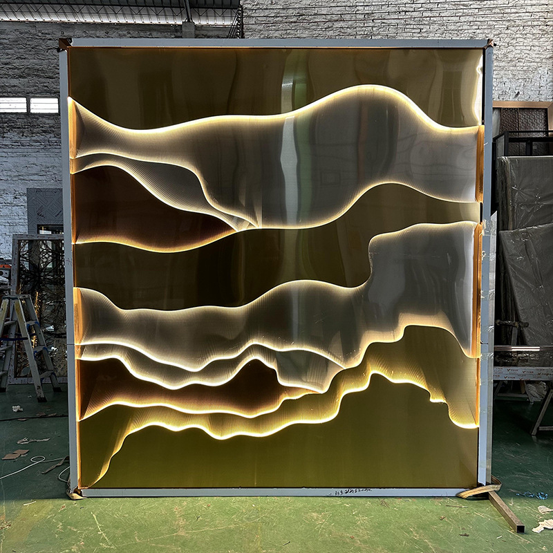 别墅酒店户外园林影壁墙格栅发光带灯背景墙不锈钢假山屏风隔断