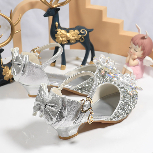 Children's Princess Shoes Dress Silver Performance Crystal Shoes Summer Kids High Heels Model Walk Show Outfit Shoes