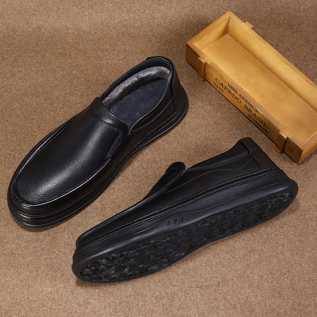 New winter lined warm cowhide leisure shoes for middle-aged and elderly men, business low-top warm thick-soled comfortable