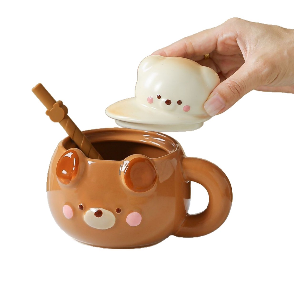 Creativo dibujos animados lindos tazas de cerámica osos tridimensionales de alto valor facial para el hogar taza de leche taza de desayuno regalo de cumpleaños