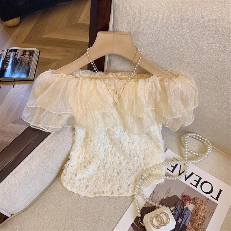 Pure Sweet and Spicy French Ruffled Shoulder Lace Shirt Women's Design Sense Niche Short Irregular