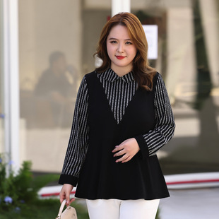 Plus Size Women's Clothing 2025 Autumn New Style for Chubby Girls 100kg Tummy-Covering Slimming Korean Style Patchwork Long-Sleeved Chiffon Blouse
