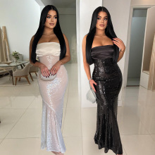 CY901644欧美性感抹胸连衣裙色丁拼接亮片鱼尾连衣裙女礼服款长裙