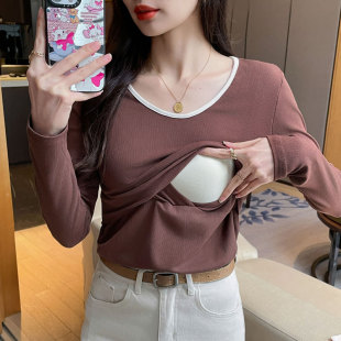 2024 Autumn and Winter Breastfeeding Pure Cotton T-shirt Postpartum All-match Slim-fit Luna Clothing Feeding Base Top Breastfeeding Clothes