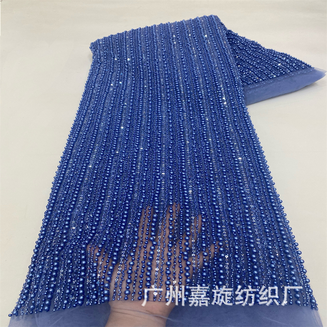 Tela de encaje de moda con bordado floral de cuentas y rayas verticales estilo francés, con abundantes cuentas, elegante para vestido de novia o de noche.