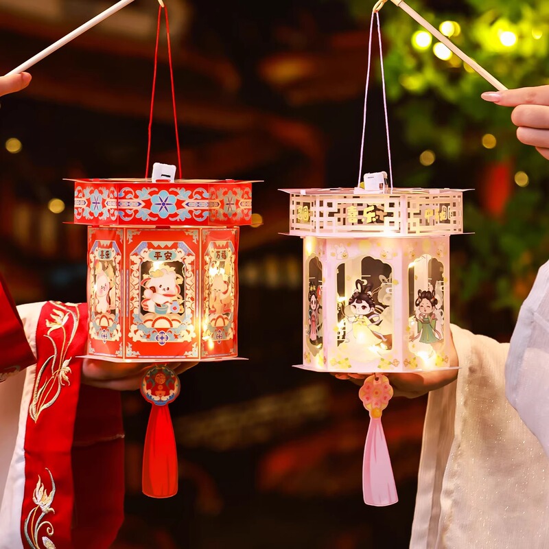 中秋节灯笼儿童手工diy 小兔子手提发光花灯国潮古风六角宫灯挂饰|undefined