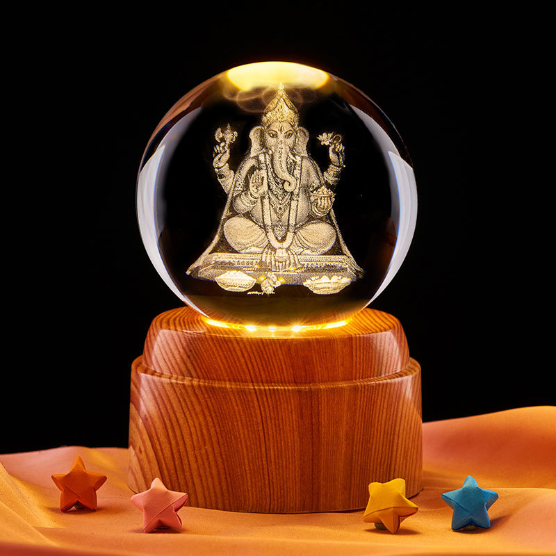 Bola de cristal de 6 cm + base de plástico de madera rotativa con enchufe de luz caliente