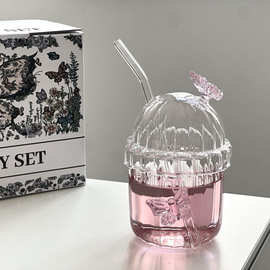 高硼硅玻璃蝴蝶吸管杯牛奶果汁杯咖啡红酒杯耐高温创意玻璃冷饮杯