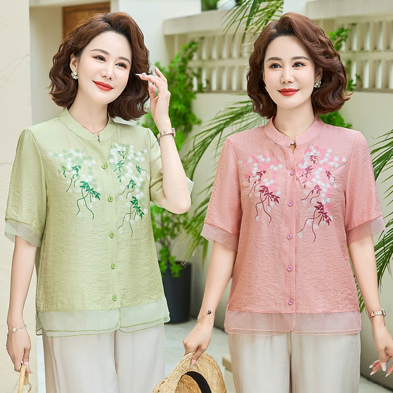 Летняя рубашка с вышивкой на рукавах три четверти для матери среднего возраста, новый универсальный топ для женщин среднего и пожилого возраста, модная женская одежда для женщин среднего и пожилого возраста.