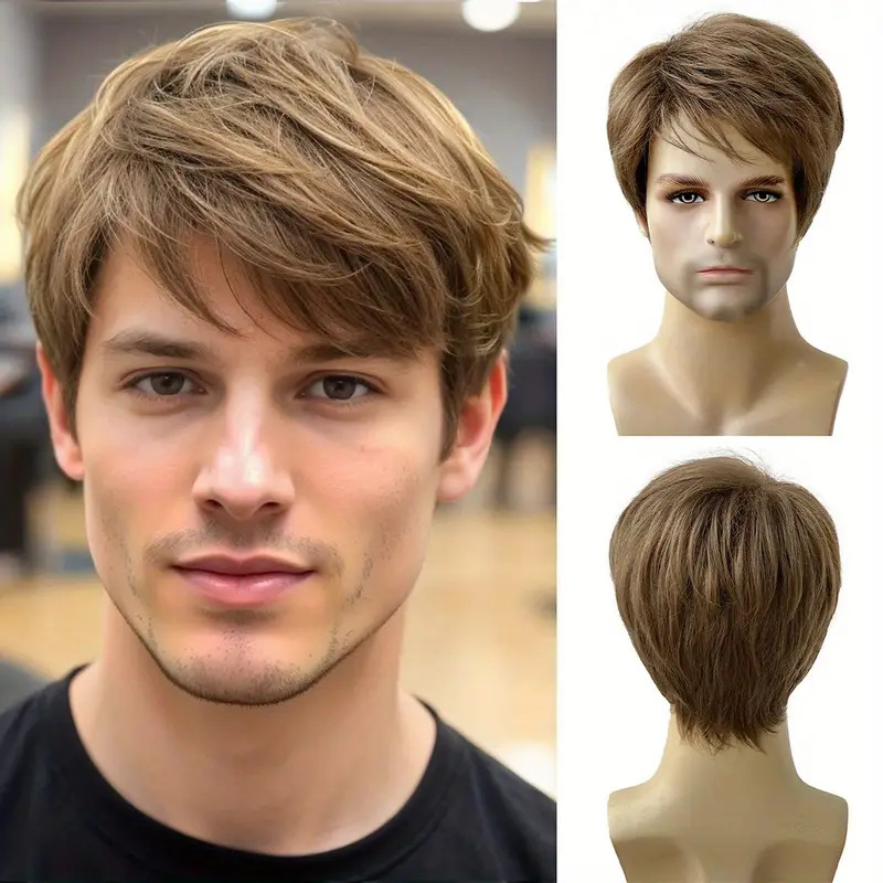 Cross-Border Men's Wig European and American Men's Brown Side-Parted Short Straight Hair High-Temperature Silk Chemical Fiber Headgear Xuchang Manufacturer Wig