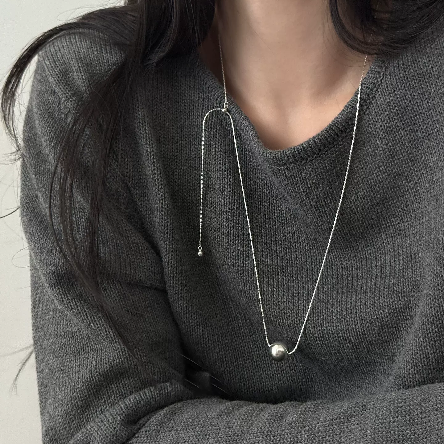 韩版潮人纯银同款长款可调节圆球吊坠项链女小众设计感简约毛衣链