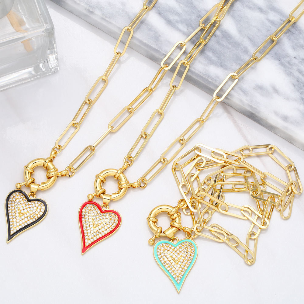 hip-hop thick chain heart-shaped pendant copper inlaid zircon necklace