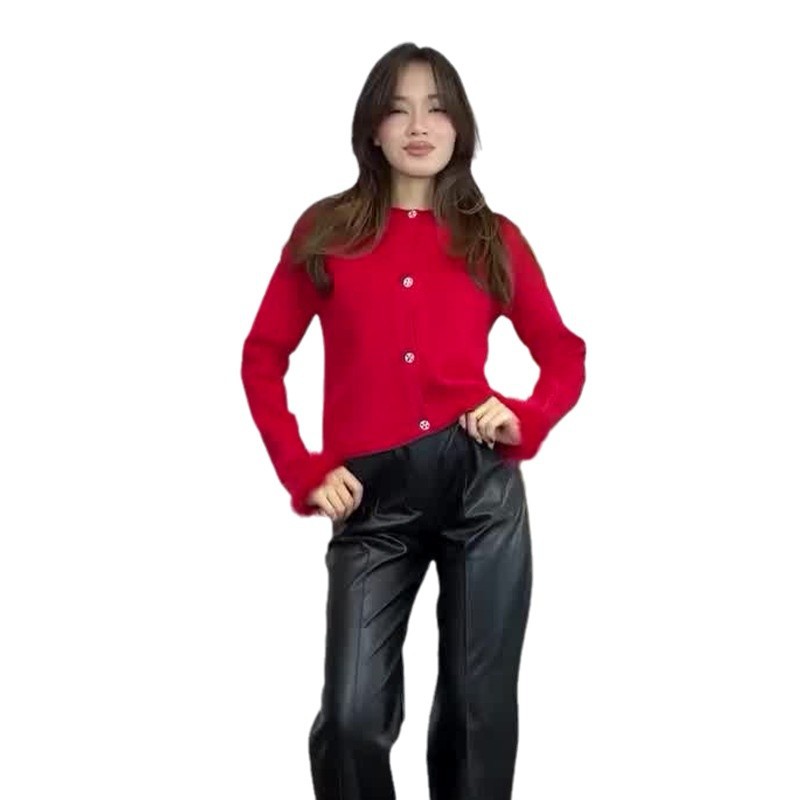 2024 otoño nuevo estilo europeo y americano Amazon transfronterizo explosión de ropa de mujer de color sólido cuello redondo corto delgado camisa de punto superior image 6