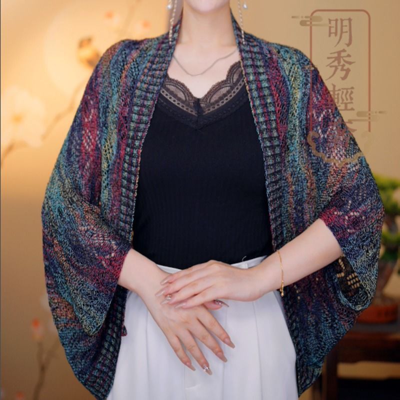 【氷の糸の七色のストール】百合のコウモリの袖のニットの透かし彫りのストールの女性の氷の糸のカーディガンのサテンのエアコンのストール|undefined