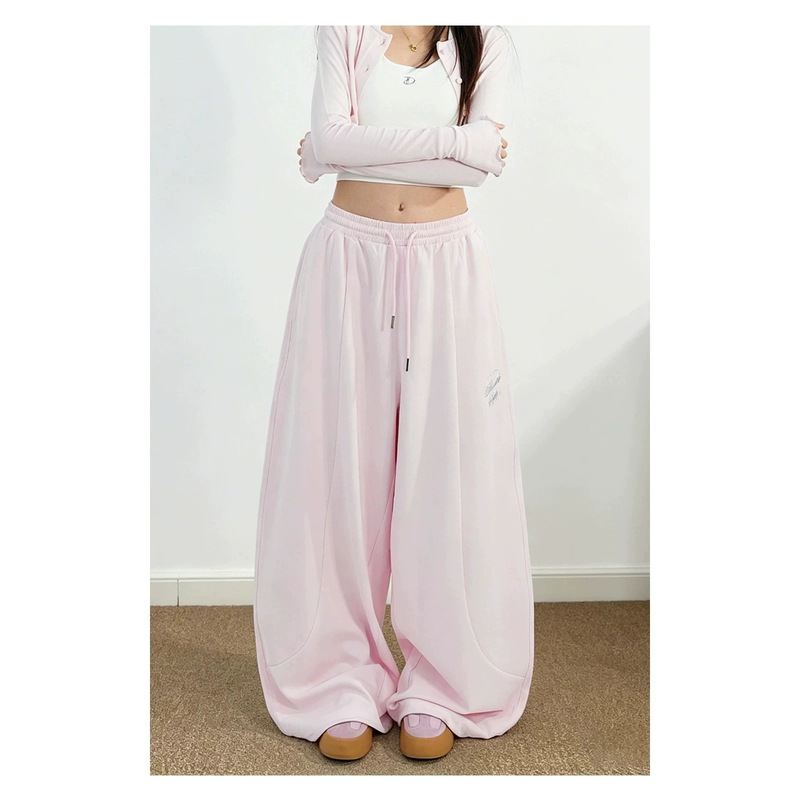 American-Style Pink Sweatpants, Women's Summer Loose Wide-Leg Pants, Jazz Dance Drapey Floor-Length Pants