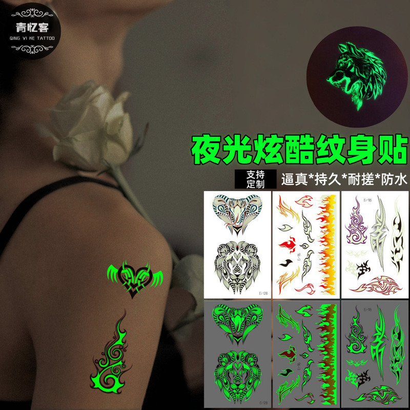 Cross-Border Supply Wholesale Luminous Temporary Tattoo Stickers Totem Cool Small Tattoo Waterproof Flame Lightning Ins Style