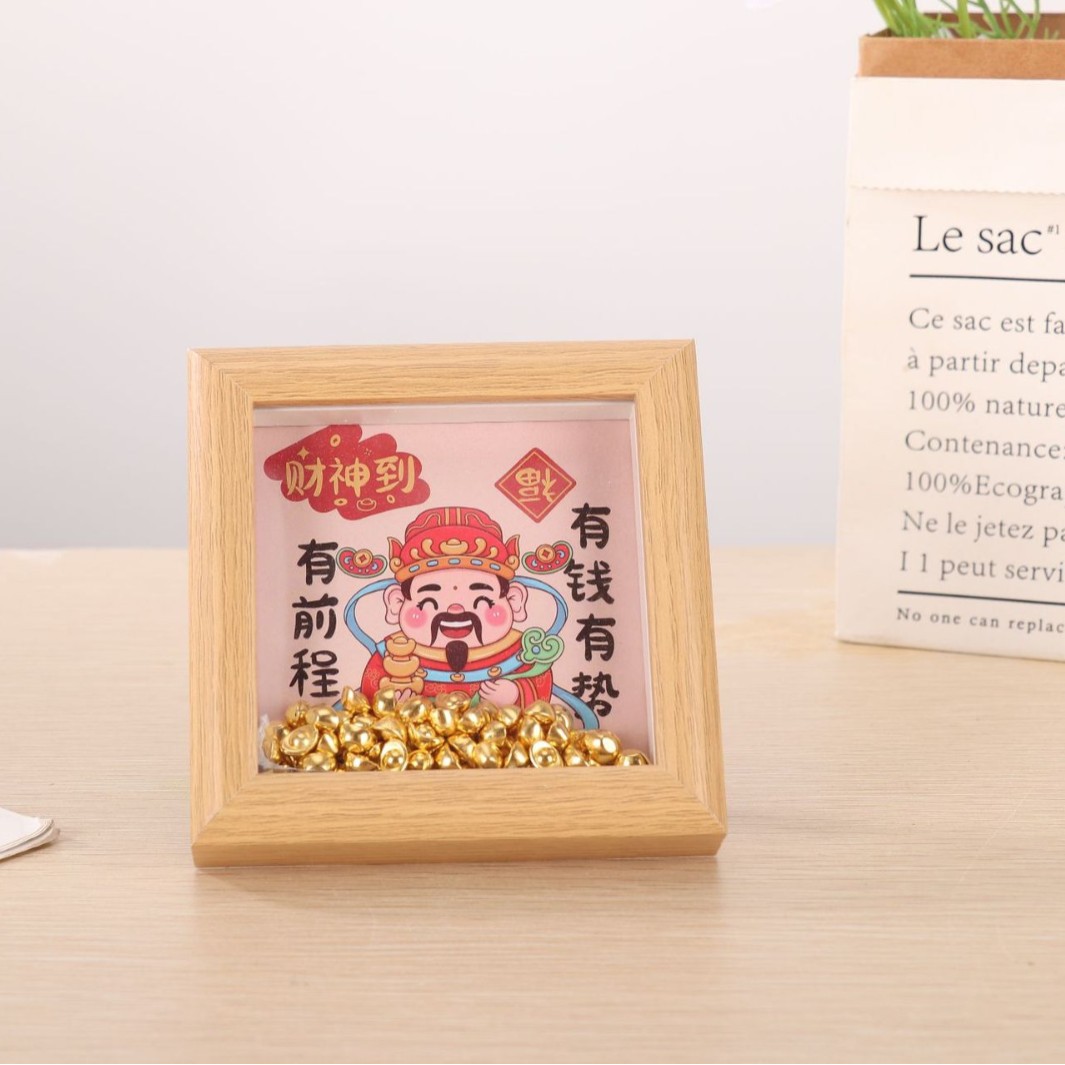 Crystal Wealth God Small Ornament, Gold Ingot Fortune-Attracting Photo Frame Ornament, Smooth Sailing and Wealth God Hollow Photo Frame Display Stand