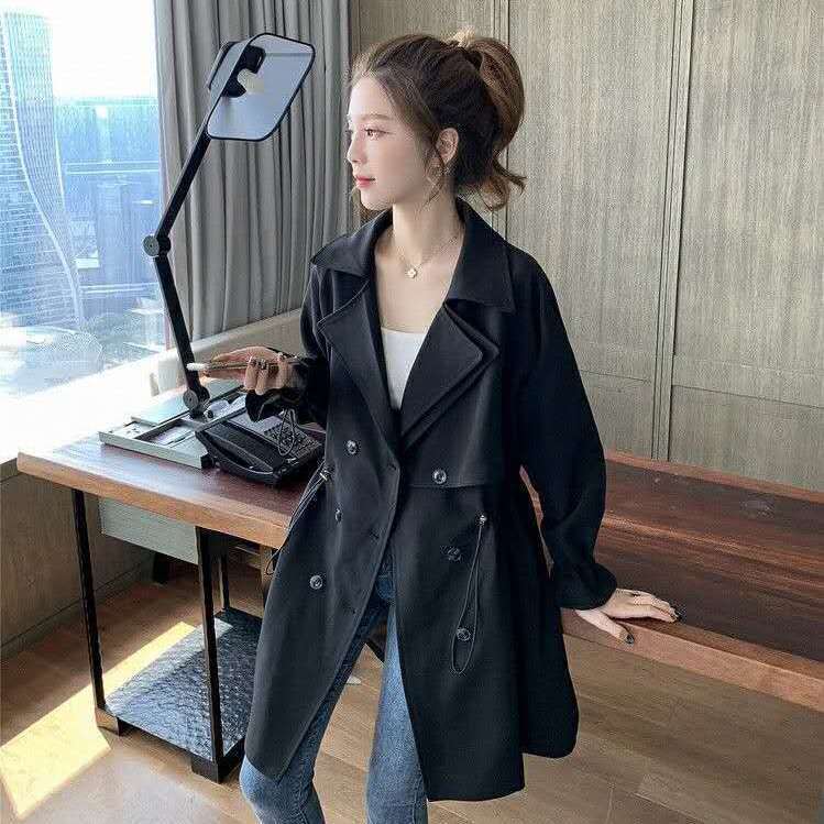 双排扣风衣女中长款春秋新款学生韩版百搭宽松西装领休闲薄款外套|undefined