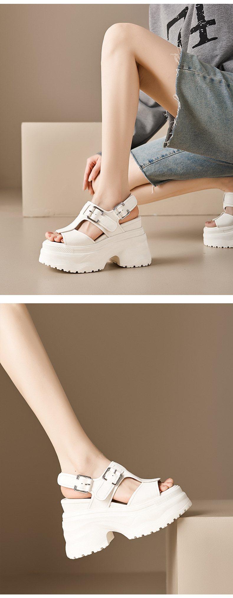 Sandal cao gót nữ đế xuồng 12 cm hở mũi phong cách La Mã — màu đen, màu trắng ngà chi tiết 6