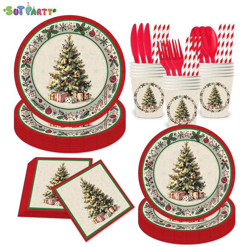 Christmas birthday party disposable tableware set, including Christmas tree-themed paper cups, plates, napkins, forks, and spoons, for party supplies Christmas birthday party disposable tableware set, including Christmas tree-themed paper cups, plates, napkins, forks, and spoons, for party supplies