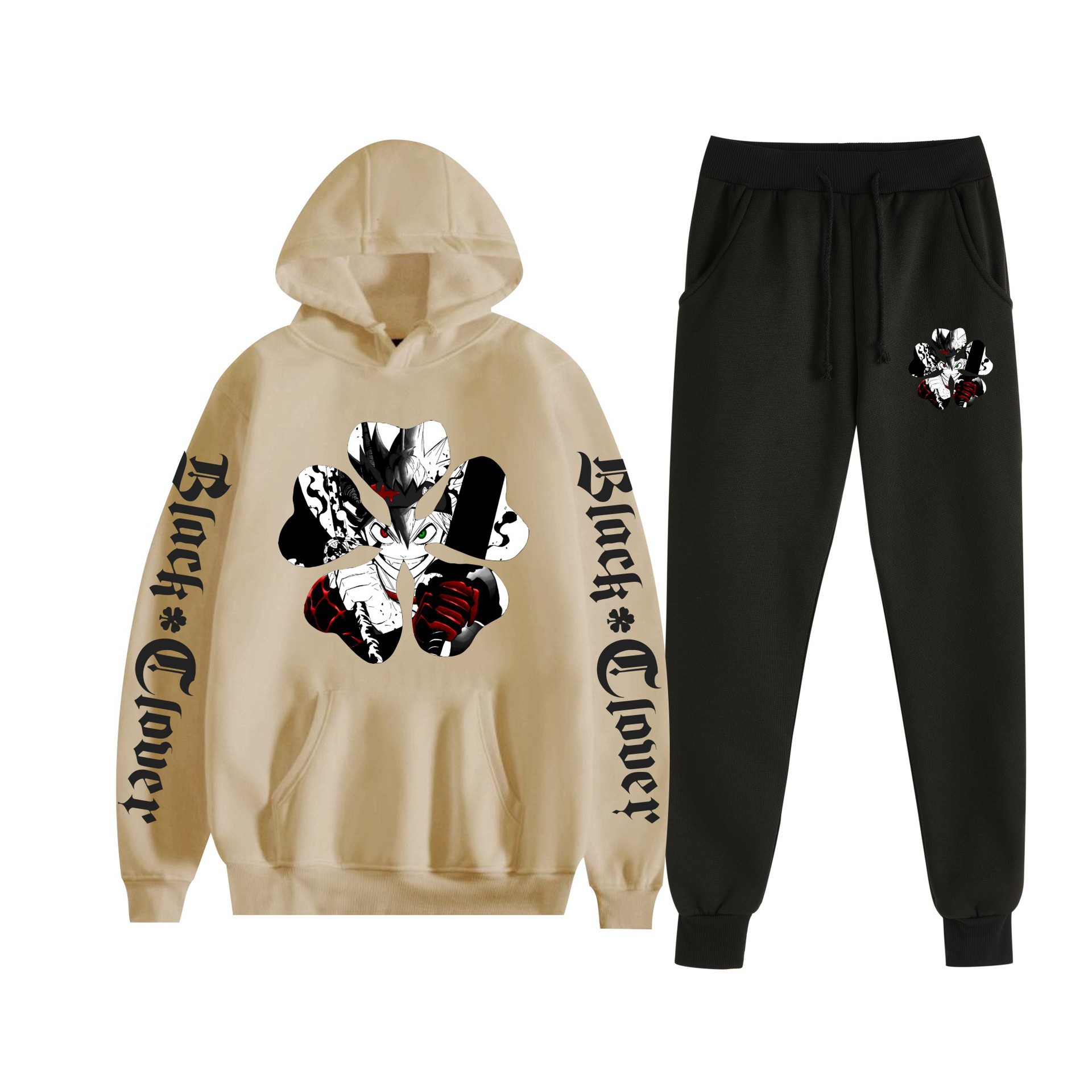 Trébol de cuatro hojas negro nuevo estilo transfronterizo Black Clover pareja suéter con capucha hombres y mujeres pantalones de dos piezas
