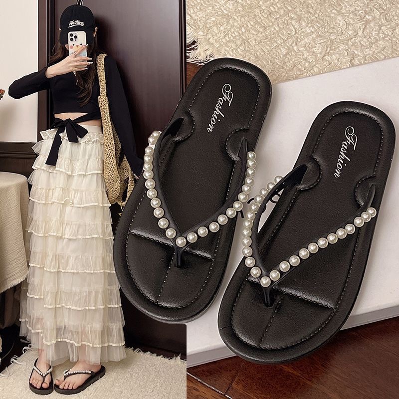 Pearl Flip-Flops For Women Summer Outdoor Toe Post French Low Heel Beach Roman Niche New Style Sandals_vogvips.com