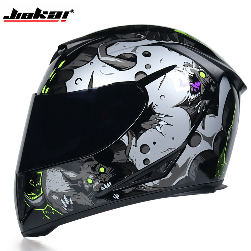 Jiekai casco de bicicleta de coche eléctrico casco completo de hombres y mujeres personalidad de la cubierta completa Four Seasons doble lente cálida tapa antiniebla
