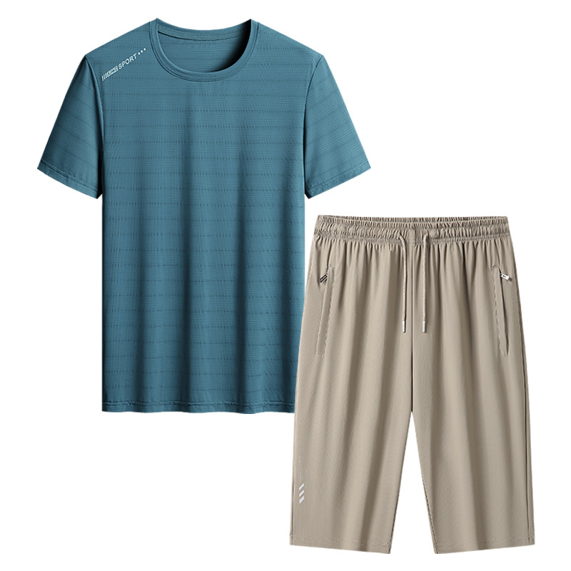 Papa de tamaño extra, traje de verano para hombres, hielo, secado rápido, pantalones de manga corta, de mediana edad, deportivo, ocio, dos piezas