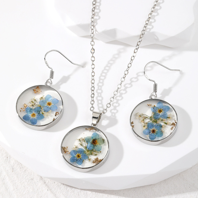 Cross-Border New Style Copper Frame Six-Fold Dried Flower Jewelry Fashion Transparent Resin Flower Necklace and Earring Set