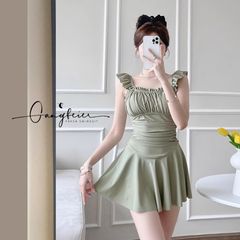 Women's spa swimsuit, small bust shaping, covers the stomach, slimming, high-end, conservative, one-piece black dress-style swimsuit for women