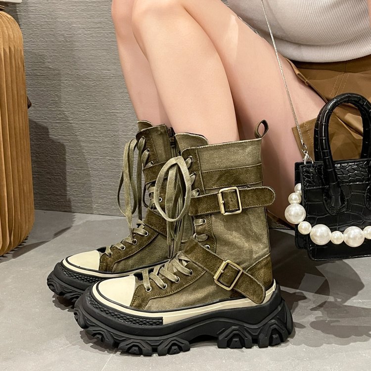 Women's Shoes Thick Martin Old Retro Workwear High Top Knight Boots Round Toe Platform Low Side Zipper Leather_voghion.com
