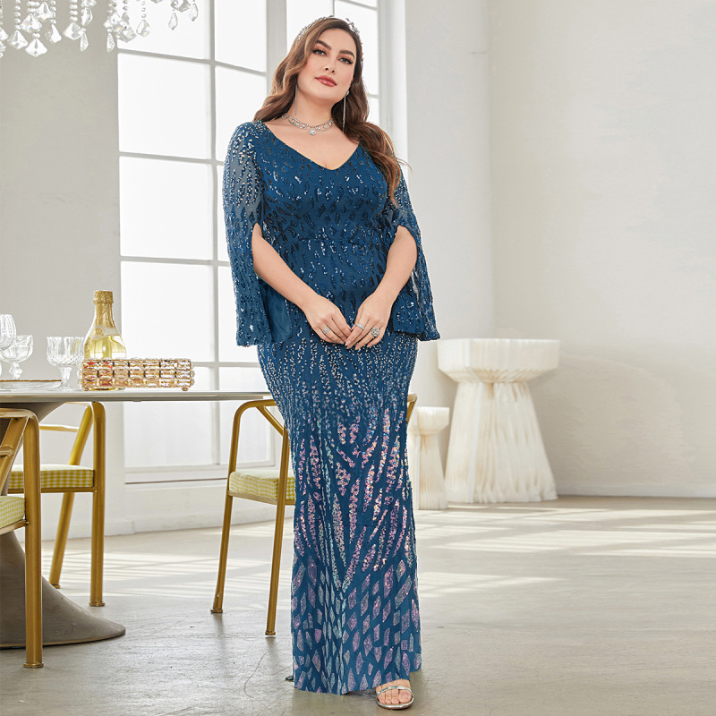 European and American plus size Dress Long Sleeve Deep V Sexy dress Slim Fishtail plus size Evening Dress Banquet Party Dress Now