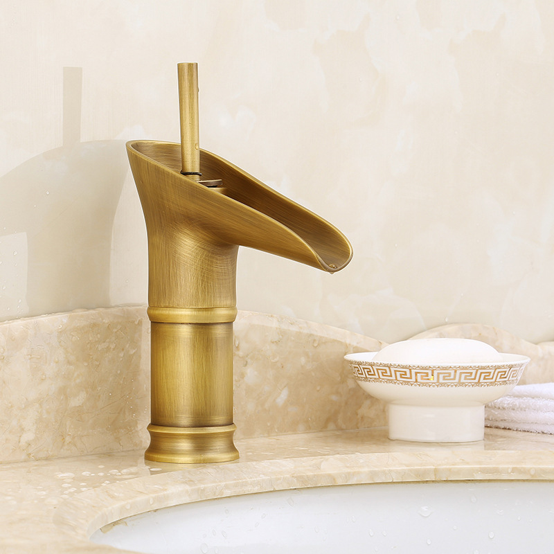 European-Style Antique Faucet for Countertop Basin, Waterfall Bathroom Single Cold Water Faucet, Hot and Cold Water All-Copper Washbasin Faucet