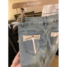 显瘦高腰弹力牛仔微喇裤女韩版百搭辣妹蝴蝶结马蹄长裤子ins潮