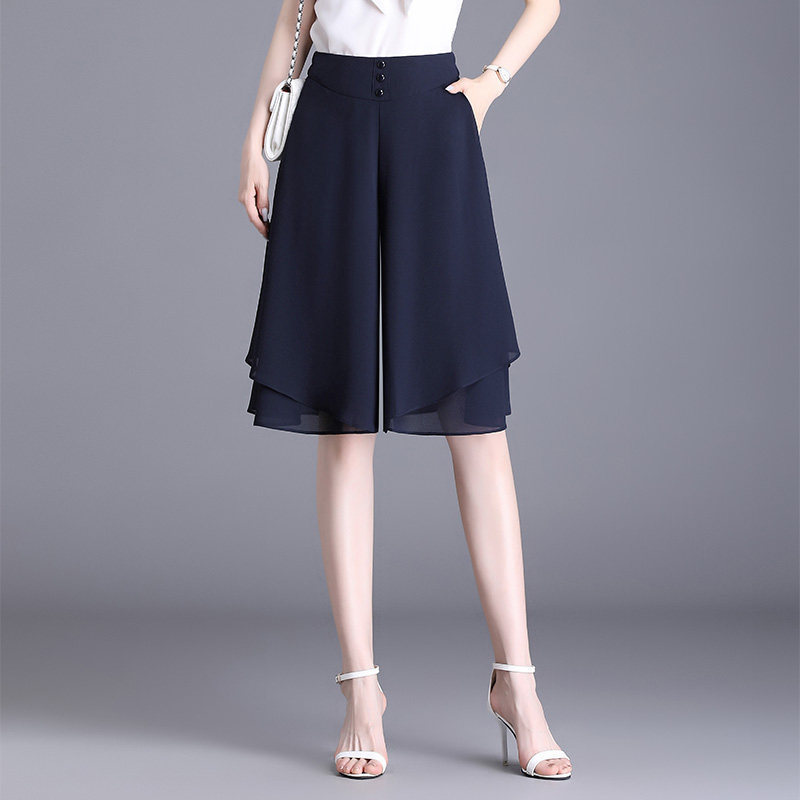 Summer Thin Chiffon Wide-Leg Pants for Petite Sizes, Plus-Size Fashion Five-Point Pants, Short Skirts, Seven-Point Pants, Outerwear Shorts, Skirt Pants