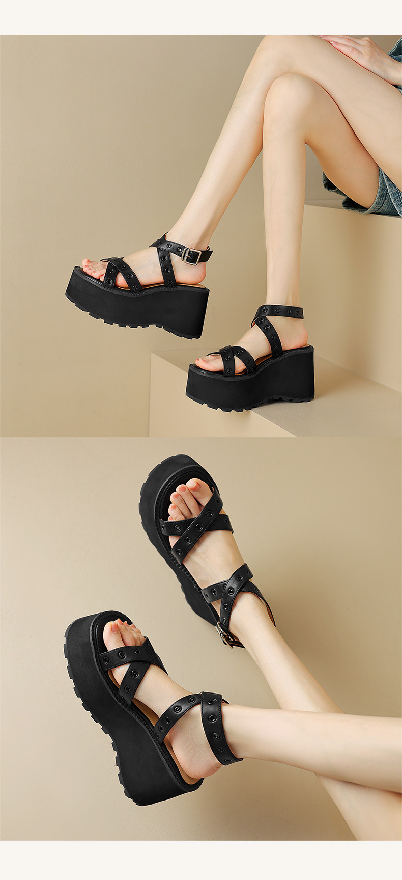 Sandal cao gót nữ quai chéo đế xuồng gót 11 cm, phong cách La Mã đinh tán — Đen 11cm, Đen 9cm chi tiết 11