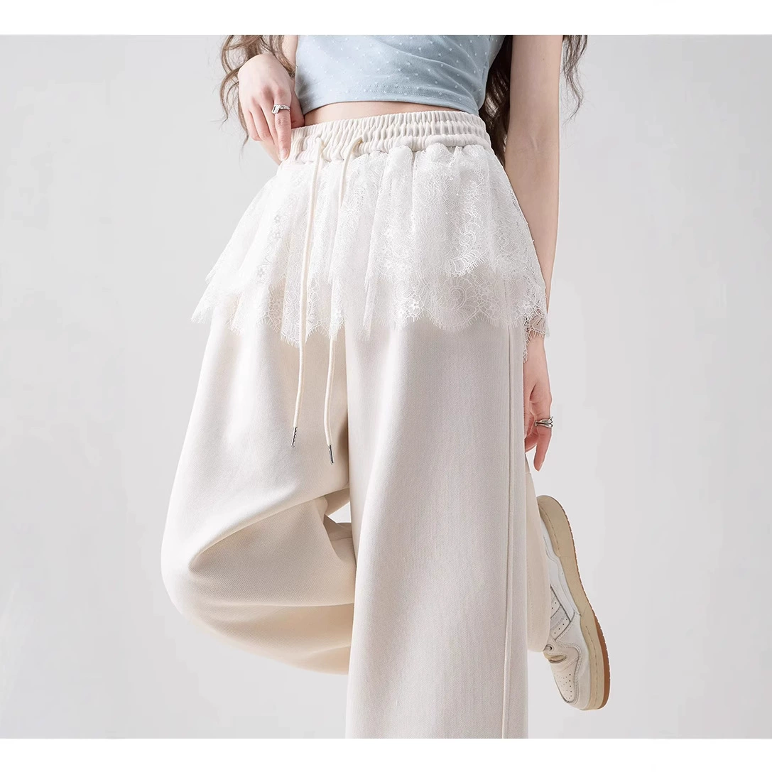 Европейский вокзал 2025 весна и осень новый дизайн чувство нишевые кружевные сшивания два носить широкие брюки женские повседневные брюки