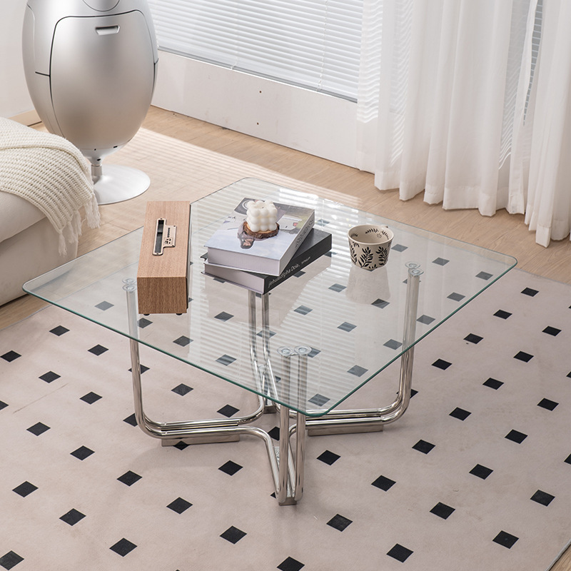 Vintage Bauhaus Small Apartment Stainless Steel Glass Art High-End Square Low Table for Home Living Room Sofa Side Vintage Bauhaus Small Apartment Stainless Steel Glass Art High-End Square Low Table for Home Living Room Sofa Side