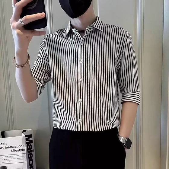 Striped Seven-point Sleeve Shirt Men's High-grade Feeling Fat Shuai Chao Brand Short-sleeve Shirt Casual Summer Ice Silk Seven-point Sleeve Shirt