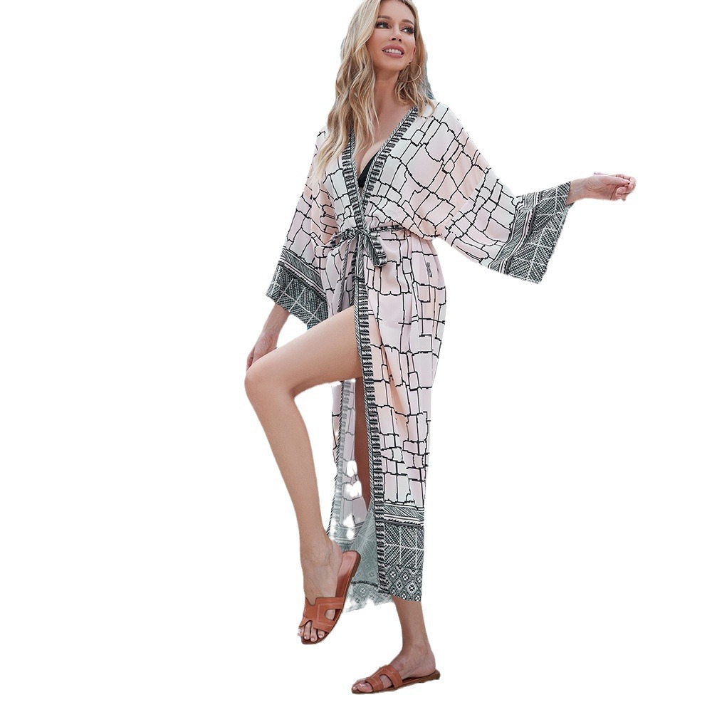 Transfronteriza europea y americana nueva chaqueta de punto de manga larga ropa para el hogar bata de baño camisón vestido de vacaciones bikini ropa de protección solar 3808