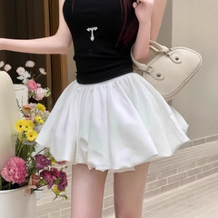 芭蕾风撞色格子花苞短裙女夏季高腰蓬蓬半身裙防走光辣妹A字裙裤